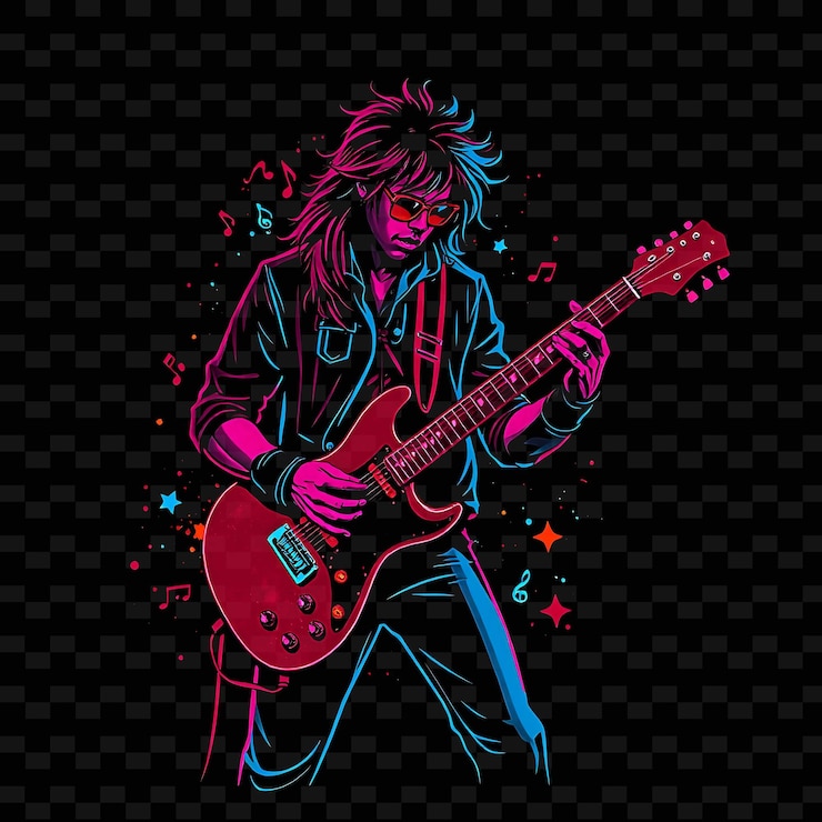 PSD gitarrista in posa rock neon pop art design con tema di colore rosso e blu vivido decorato con musica1