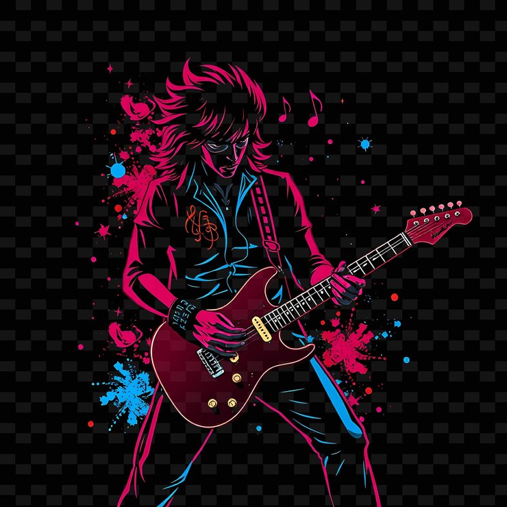 PSD gitarrista in posa rock neon pop art design con tema di colore rosso e blu vivido decorato con musica1