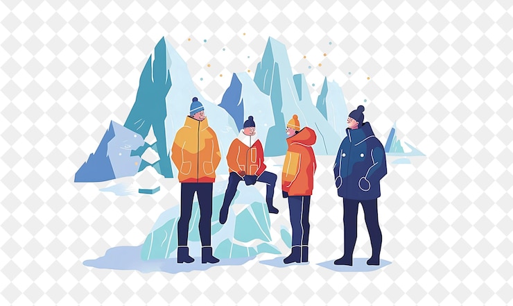 PSD glaciar islandés con personajes con luces del norte v ilustración plana del estilo de vida de la gente