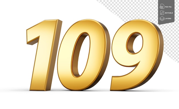 Glänzende goldene Zahl 109 Einhundertneun Goldener Text auf weißem Hintergrund 3D-Illustration