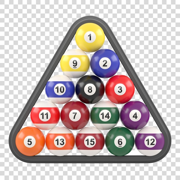 PSD glänzende poolspielbälle mit zahlen im billarddreieck isoliert auf weißem hintergrund 3d-rendering
