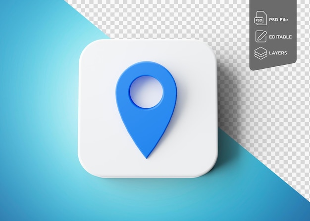 Glänzendes blaues Standort-Pin-Kartenzeiger-Symbol mit abgerundetem blauen Quadrat-Ikonen 3D-Illustration