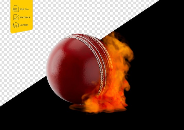 Glänzendes rotes Leder, gesticktes Test-Cricket-Match-Ball mit roter dunklen Feuer-Rauch-Textur 3D-Illustration