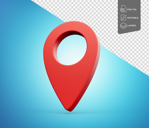 Glänzendes rotes Standort-Pin-Kartenzeiger-Symbol-Ikon auf blauem Hintergrund 3D-Illustration
