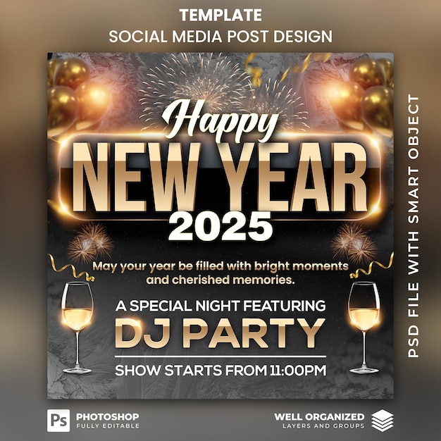 Glamorosa plantilla de evento de Año Nuevo 2025 con champán y tema de fiesta de DJ