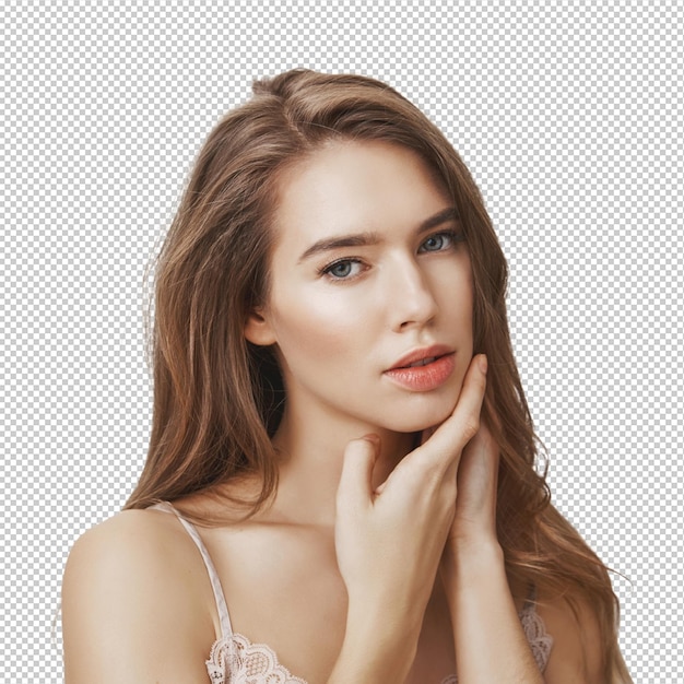 Glamour femme sensuelle touchant une belle peau propre