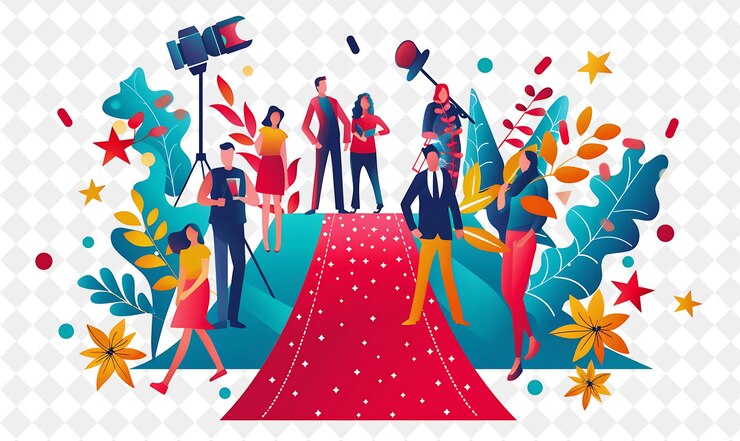 PSD glamurosa alfombra roja navideña con celebridades y ilustraciones de paparazzi diseño artístico navideño