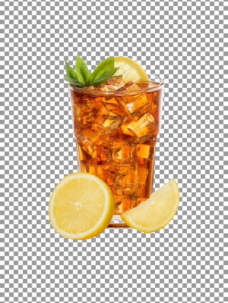 Glas Eistee mit Zitronenscheiben auf transparentem Hintergrund
