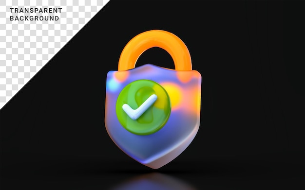 Glas-Morphismus-Häkchen-Schloss-Symbol mit buntem Verlaufslicht auf dunklem Hintergrund 3D-Render