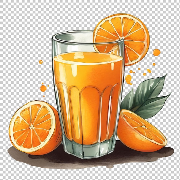 PSD glas orangensaft mit strohhalm und reifen orangen auf durchsichtigem hintergrund