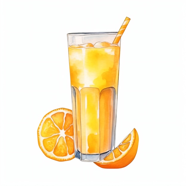 Glas Orangensaft mit Zitronenaquarell