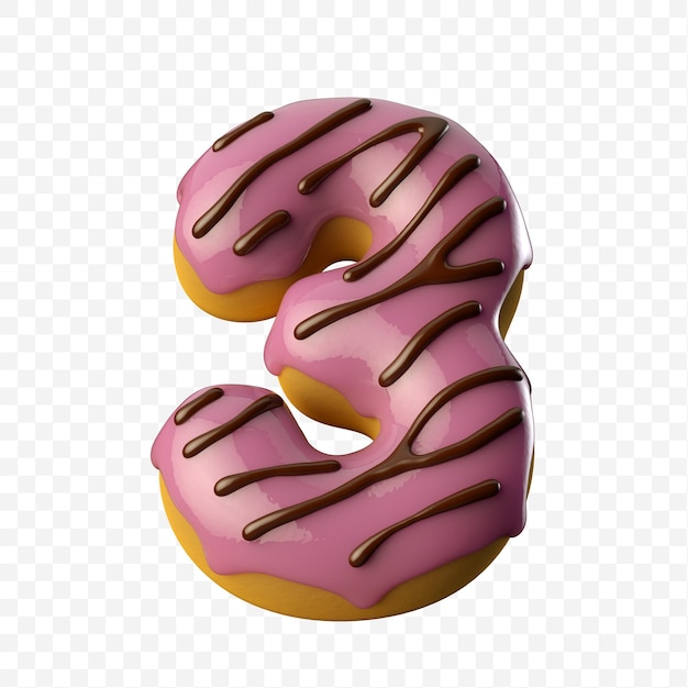 Glasierter rosa Donut mit Schokoladennummer 3 3D-Illustration