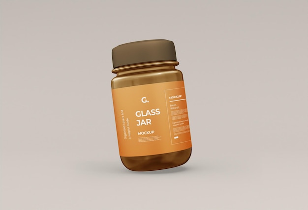 Glaskrug-Mockup mit braunem Deckel und orangefarbenem Etikett
