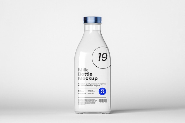 PSD glasmilchflasche-mockup mit blauer kappe