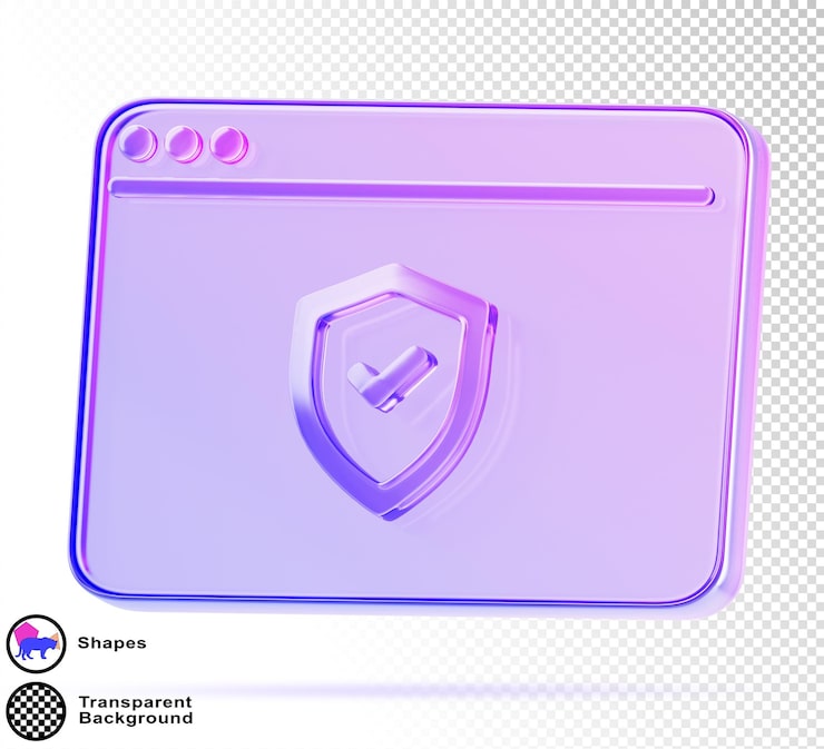 PSD glass holographic browser window with shield 3d render icon ssl encryption digital website security certificate safety internet technology protect network data and computer system