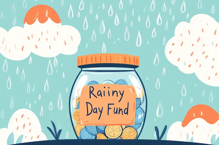 PSD glass jar filled with coins labeled rainy day fund under a rain cloud