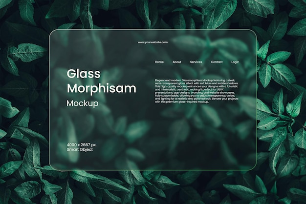 Glass Morphism Website Mockup auf einem grünen Blatt-Hintergrund