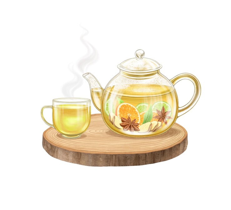 PSD glass teapot and cup of hot fruit citrus tea with orange lime ginger star anise wooden teapot stand
