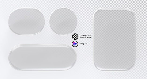 Glass transparent buttons for ui game gui elements isolated on white background Render 3d set of rectangle square and circle frames web or mobile app design blank screens