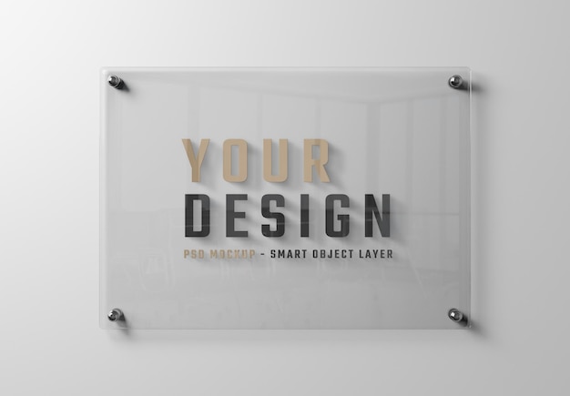 PSD glasschild an weißer wand mockup