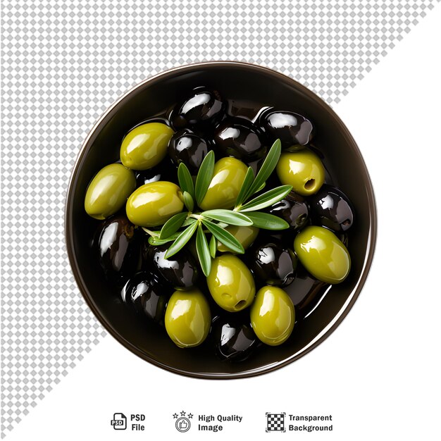 Glasschüssel mit eingelegten oliven, isoliert auf durchsichtigem hintergrund
