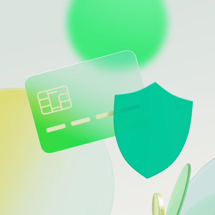 PSD glassmorphisme de sécurité en forme de carte de crédit et de bouclier image 3d