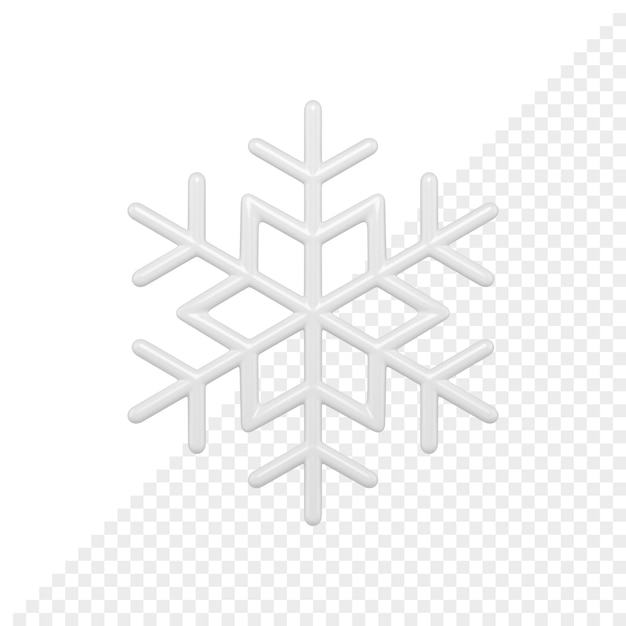 Glatte weiße Schneeflocke 3d übertragen. Weihnachtsdekoratives Gestaltungselement. Minimalistische Dekoration für Neujahrsfeiertage isoliert auf weißem Hintergrund.