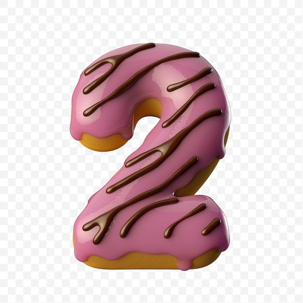 Glazed pink donut with chocolate number 2 3D illustration