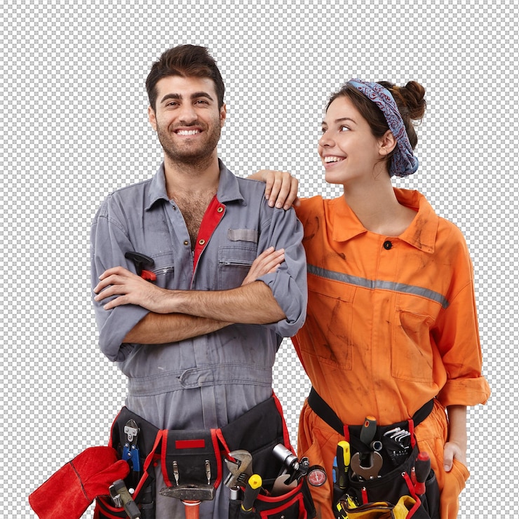 PSD gli elettrici sorridenti e felici indossano l'uniforme e hanno un'espressione gioiosa.