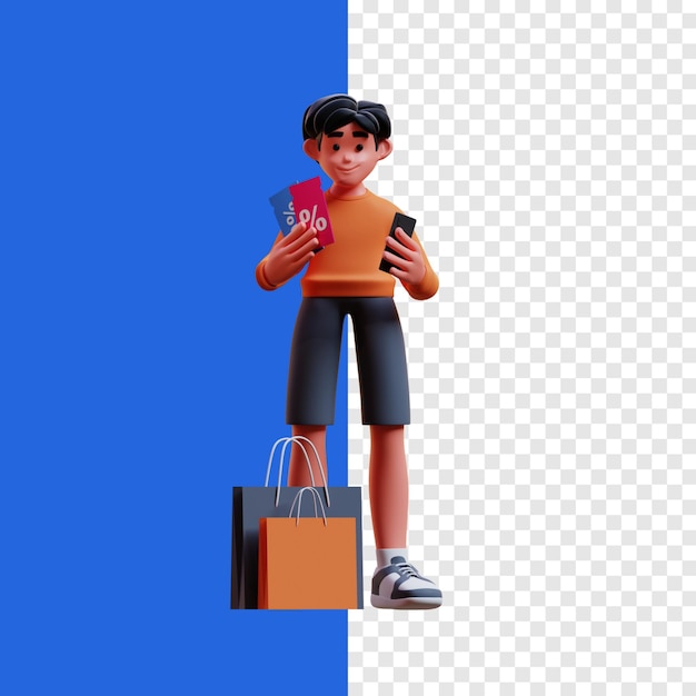 gli uomini ricevono molti buoni per lo shopping online illustrazione 3d