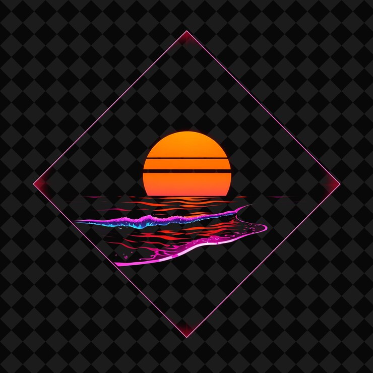 PSD glimmering neon sunset beach inside a silhouette diamond glowing waves gently lap against the shore