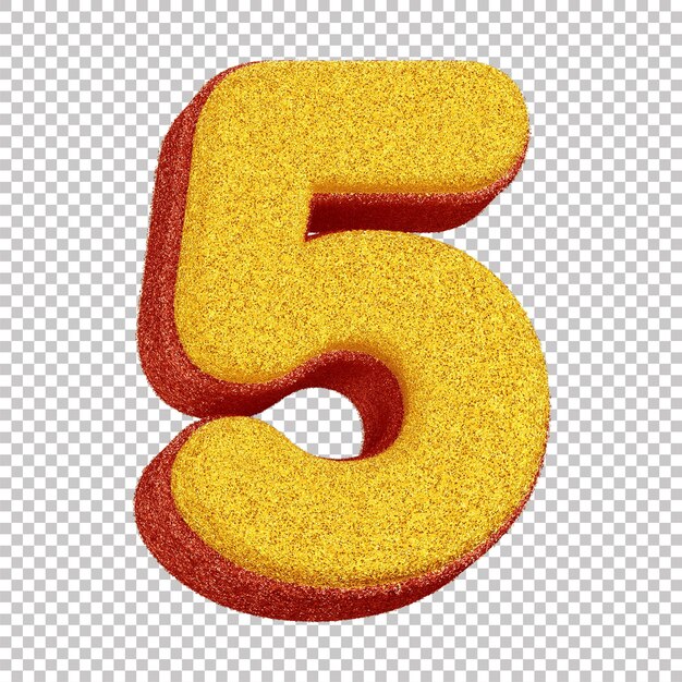 Glitter 3D numero cinque per composizione di carnevale giallo con contorno rosso su sfondo trasparente
