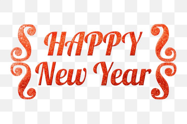 PSD glitter happy new year tipografia con decorazioni a vortice rosso