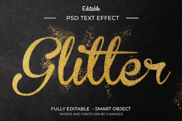 Glitter-PSD-Text-Effekt mit goldenem Text auf schwarzem Hintergrund