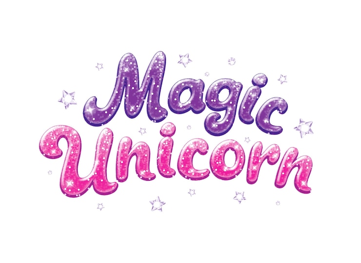 PSD glitter text magic unicorn drawing for kids clothes tshirts fabrics or packaging violet and pink words with sparkles