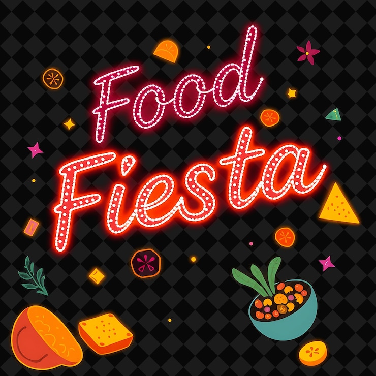 PSD glittering food fiesta texto en rosa neón y naranja vibrante con decoración de alimentos de neón inspirada en png