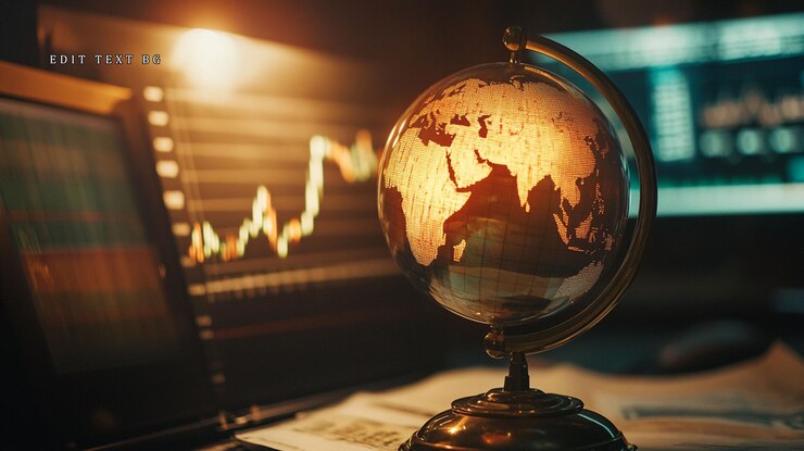 PSD global market analysis illuminated globe with stock market charts