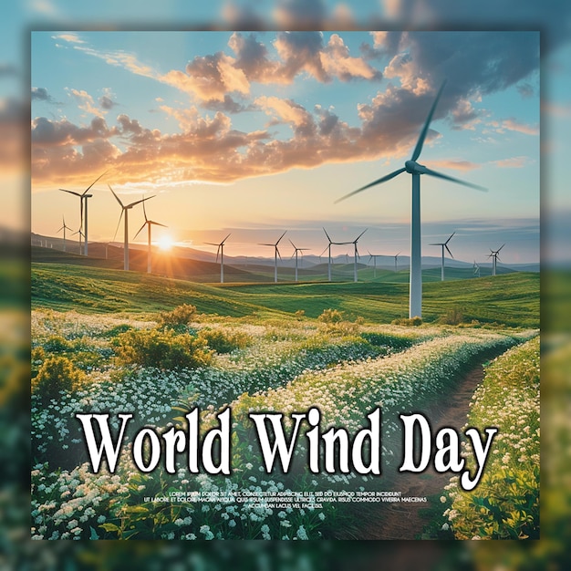 Globaler windtag mit erdglobus und windturbinen für strom und energie im hintergrund