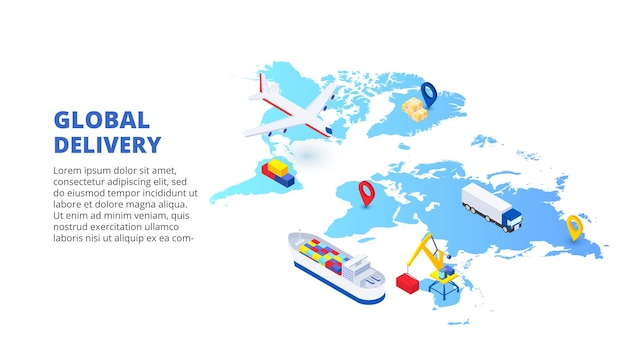 Globales lieferkonzept mit kartenflugzeug und tanker isometrische darstellung