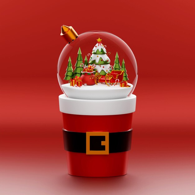 Globe De Noël Sur Une Tasse De Santa Sur Fond Rouge, Illustration 3d