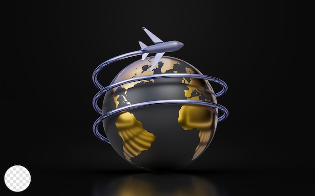 Globe Signe Avec Avion Sur Fond Sombre Concept De Rendu 3d Pour Tour Du Monde Et Voyages