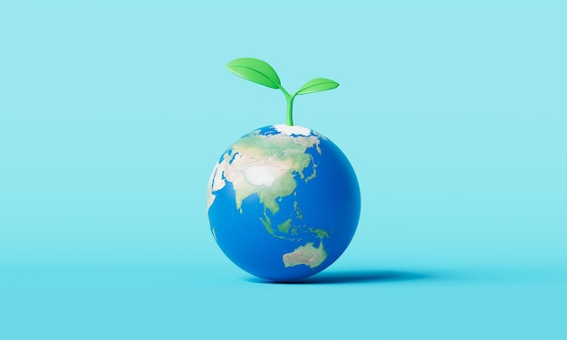 Globe terrestre avec une pousse verte sur fond bleu