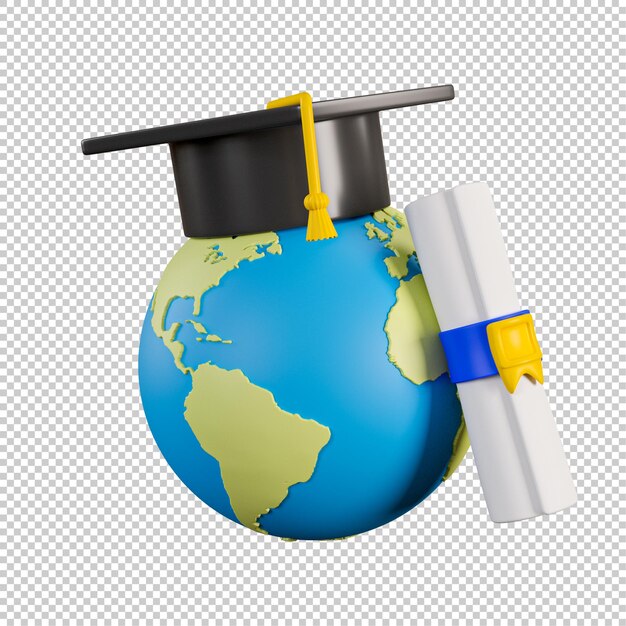 PSD globo 3d en gorra de graduación con ilustración del diploma