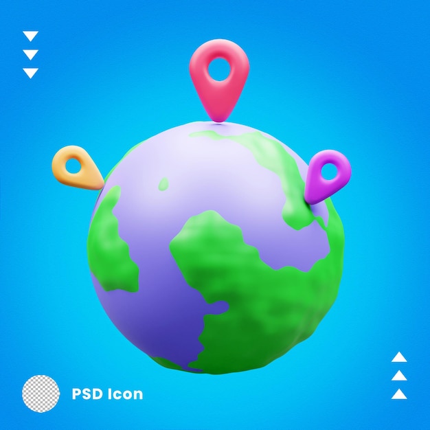 Globo 3d con icono de pin de mapa de ubicación aislado o icono de pin de ubicación 3d con ilustración de icono de globo