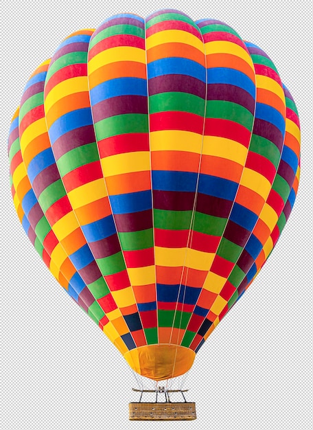 globo de aire caliente de color a cuadros con una gran canasta aislada sobre un fondo blanco