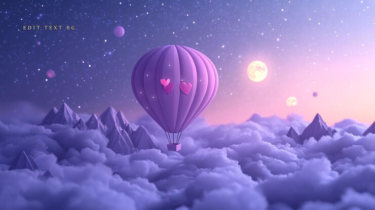 PSD el globo de aire caliente rosado con corazones flota sobre el paisaje de nubes de ensueño al atardecer