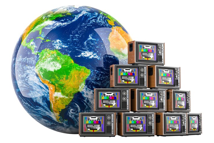 PSD globo da terra com aparelhos de televisão vintage com cartão de teste tv conceito de televisão internacional renderização 3d isolado em fundo transparente