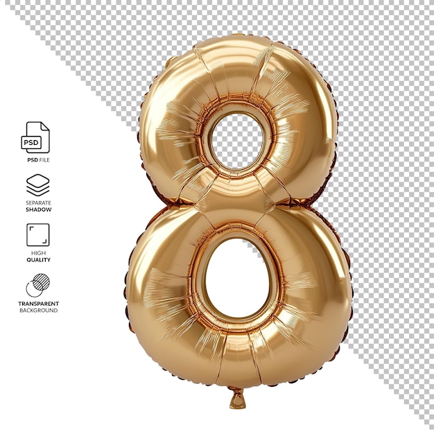 El globo dorado número 8 aislado sin fondo