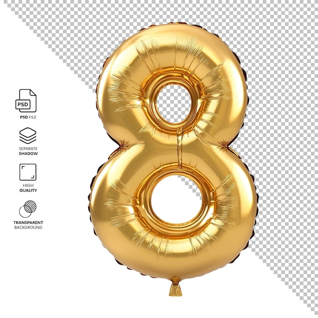 El globo dorado número 8 aislado sin fondo