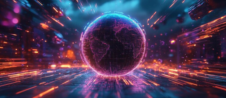 PSD un globo futurista brillante se sienta en una plataforma de luces de neón